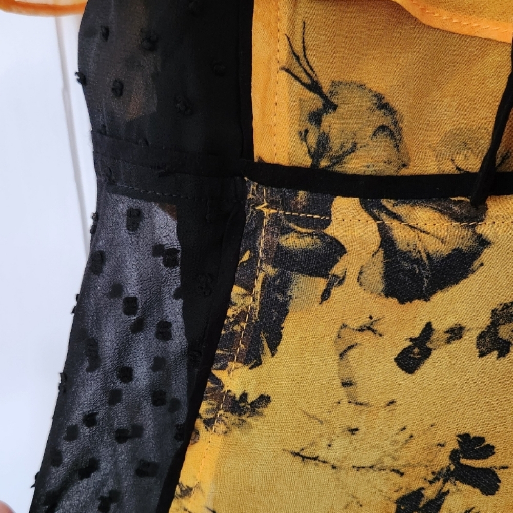Religion Off Shoulder Yellow Floral Ruffle And Black Swiss Dot Maxi Dress - Picture 7 of 11